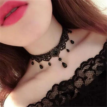 Ladies Vintage Gothic Choker Crystal Pendant Design Black Lace Necklace Clavicle