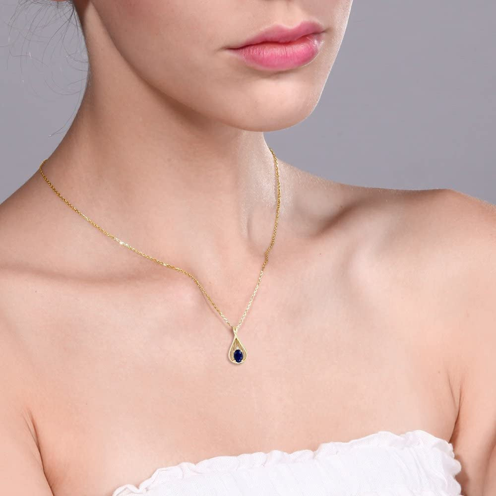 10K Yellow Gold Blue Sapphire and Diamond Teardrop Pendant Necklace for Women (0