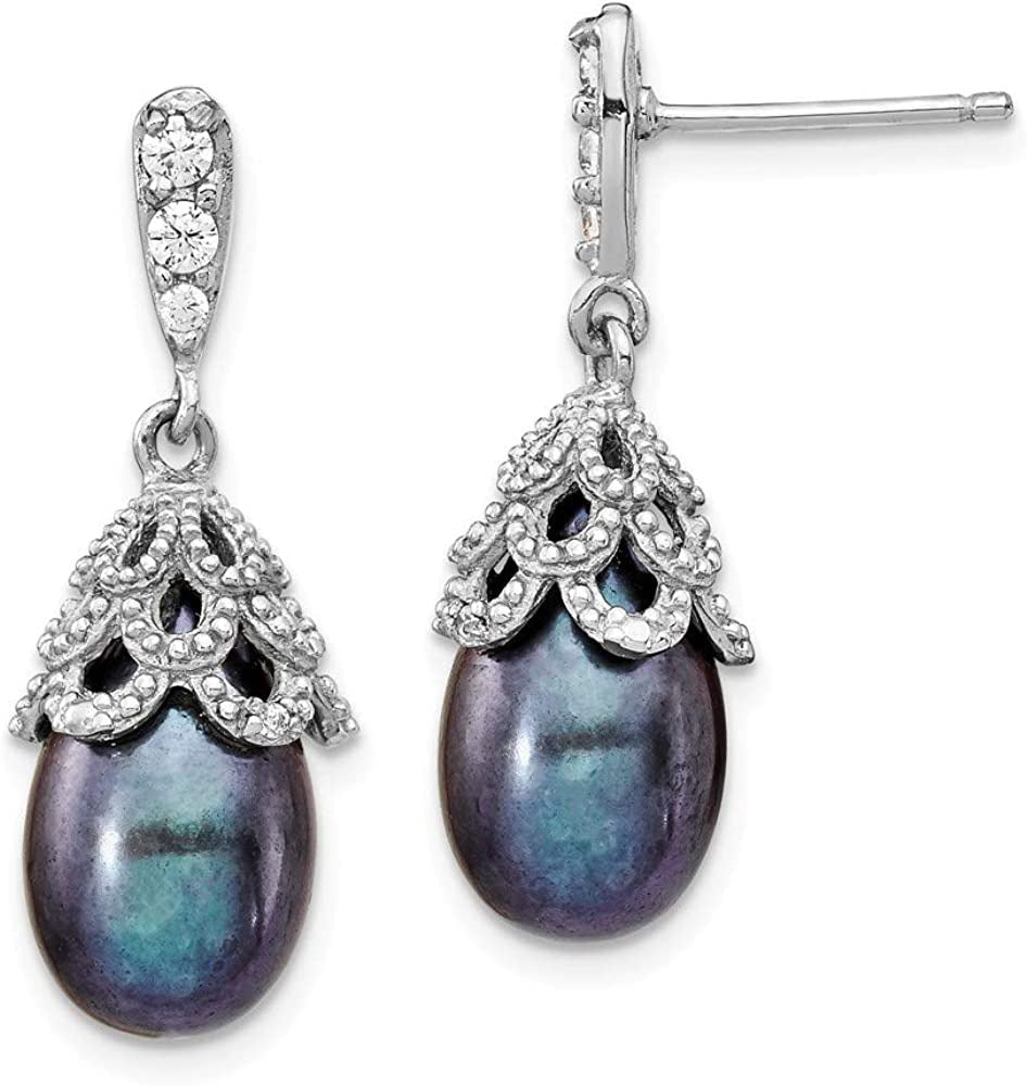 Solid 925 Sterling Silver CZ Cubic Zirconia and Freshwater Cultured Black Drop P