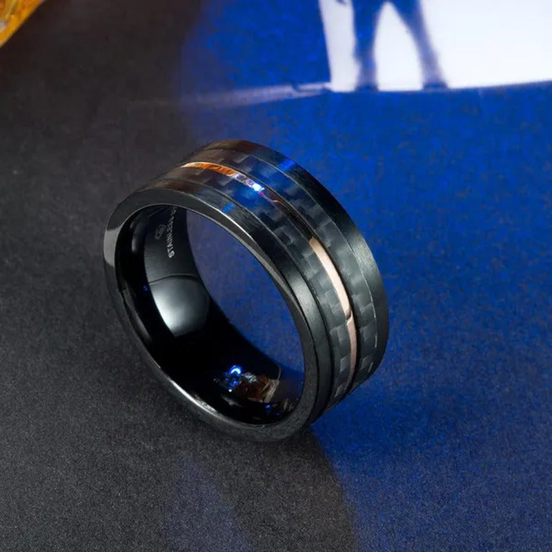 8Mm Wide Mens Stainless Steel Carbon Fiber Ring Engagement Wedding Band Exquisit