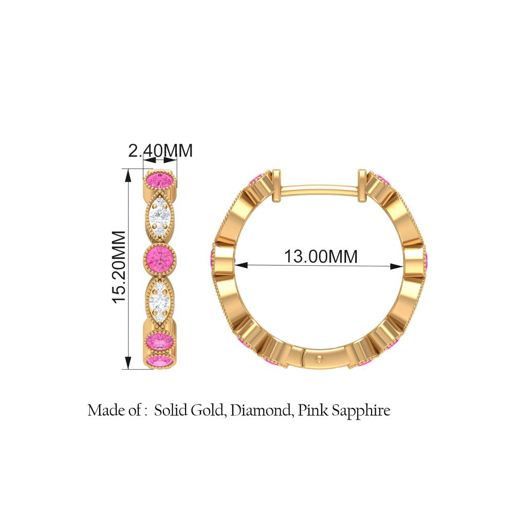 1 CT Pink Sapphire and Diamond Hoop Earrings, Pink Sapphire Vintage Earrings, Ho