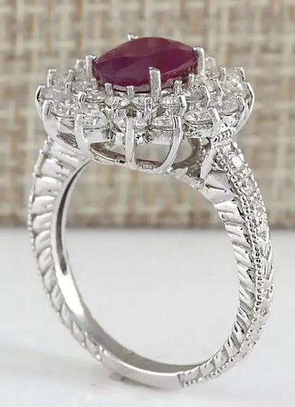 Noble Brand Jewelry Natural 5.86CT Red Ruby Gemstone 925 Sterling Silver Ring