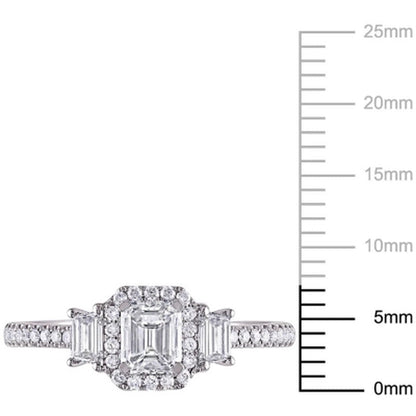 Allura 0.95 CT. T.W. Emerald-Cut Diamond Three Stone Halo Engagement Ring in 14K
