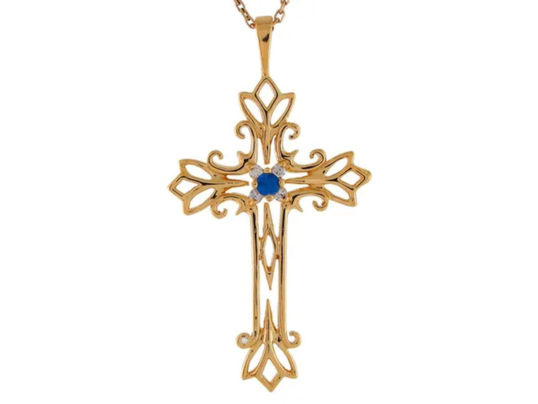 14K Yellow Gold Real Blue Sapphire Diamond Accented Latin Budded Cross Pendant