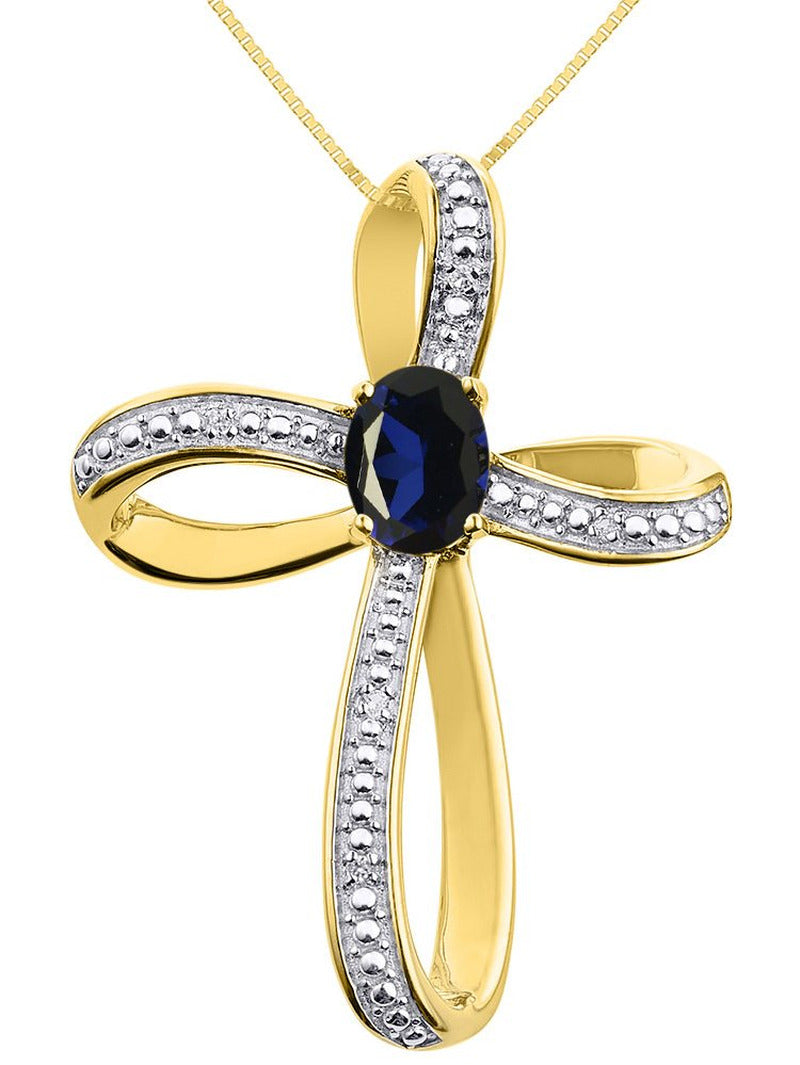 Diamond & Sapphire Cross Pendant Necklace Set in Yellow Gold Plated Silver .925
