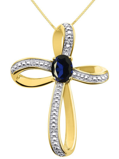 Diamond & Sapphire Cross Pendant Necklace Set in Yellow Gold Plated Silver .925