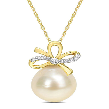 12 - 12.5Mm Drop Golden South Sea Cultured Pearl & Diamond Accent 14K Yellow Gol