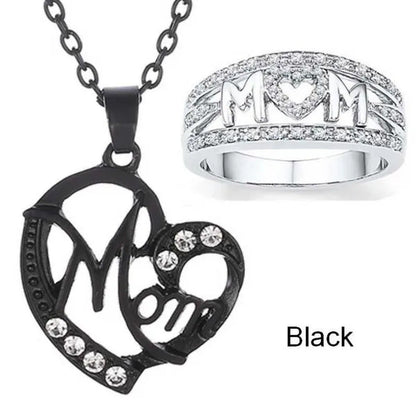 MOM Necklace and Ring Set Zircon Plated 925 Silver Jewelry Set Love Gift for Mot