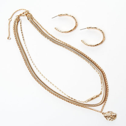 Hammered Gold Earring Hoops and Multi Chain