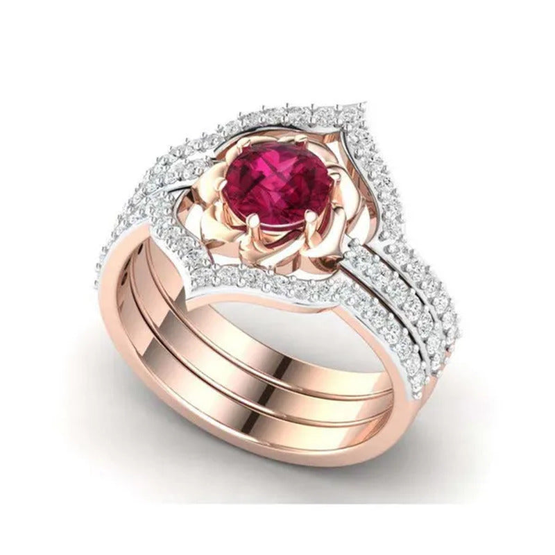3 Pcs/Set of Exquisite Bridal Wedding Jewelry Rose Petals Inlaid with Red Zircon