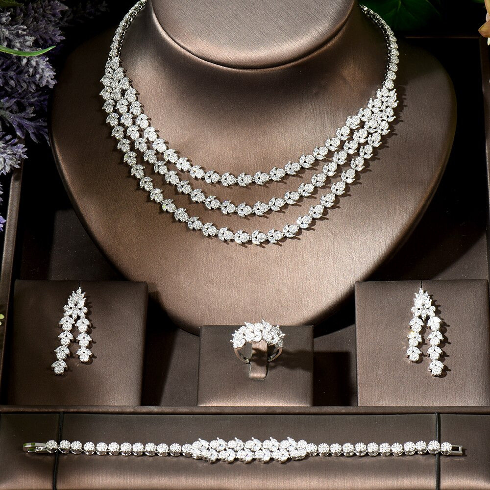 Three Layers 4Pcs Necklace and Earring Set Leaf Design Fashion Women Bridal Wedd