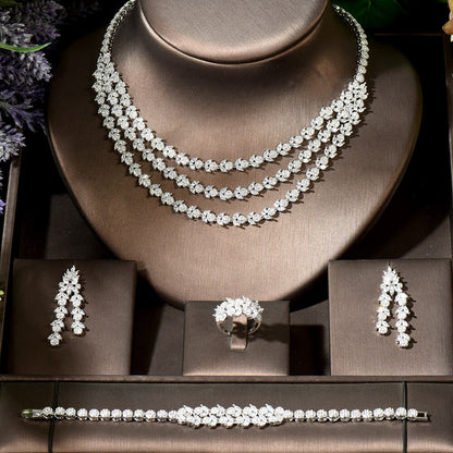 Three Layers 4Pcs Necklace and Earring Set Leaf Design Fashion Women Bridal Wedd