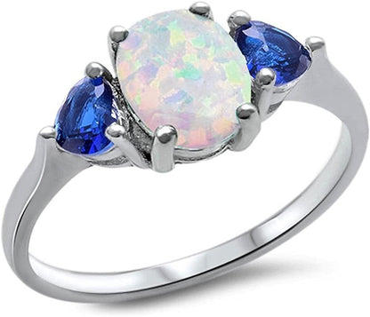 Sterling Silver Oval Lab Created White Opal & Blue Simulated Sapphire Heart Ring