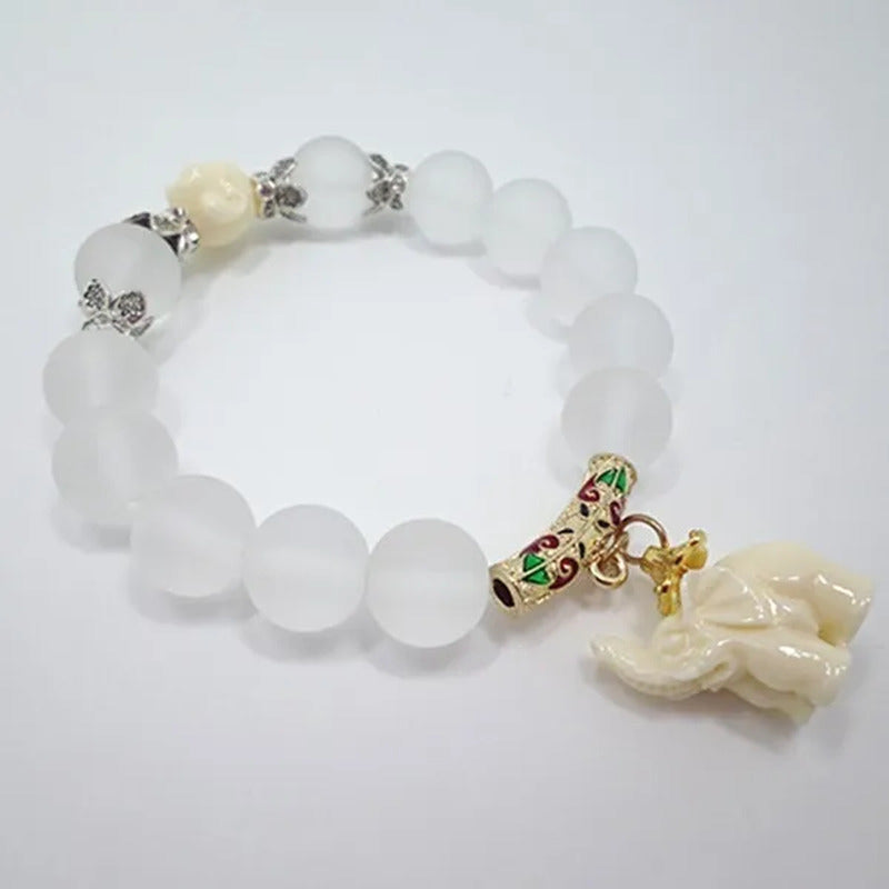 Elephant Frosted White Quartz Crystal Bead Bracelet Buddhism Elephant Pendant