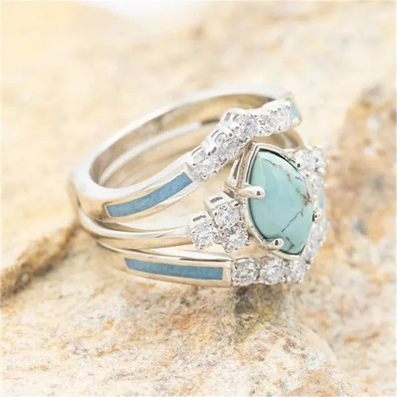 Newest 3Pcs/Set Women'S 18 K Gold Multilayer Hollow Turquoise Ring Band Exquisit