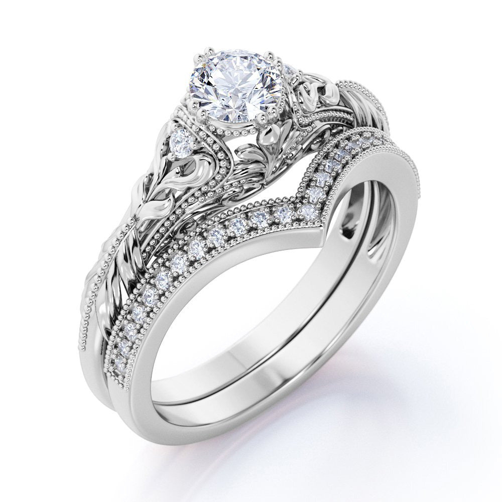 Engraved .68 Carat round Cut Real Diamond Victorian-Inspired Wedding Ring Set wi