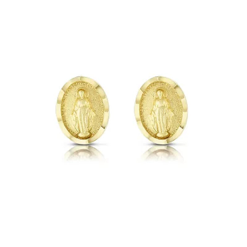 Petite Oval Virgin Mary Stud Earrings in 14K Yellow Gold
