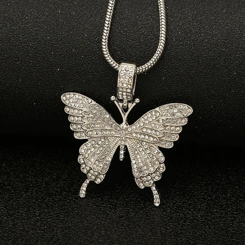 Colorful Butterfly Pendant Necklace Set with Diamond Alloy, Snake Chain, Hip Hop