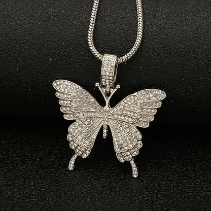 Colorful Butterfly Pendant Necklace Set with Diamond Alloy, Snake Chain, Hip Hop