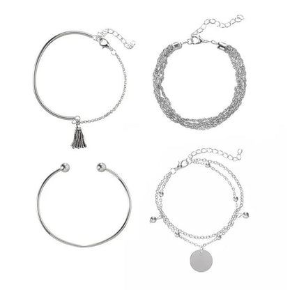 4Pcs/Set New Silver Metal Tassels Sequins Chains Bracelets Set Combination Fashi