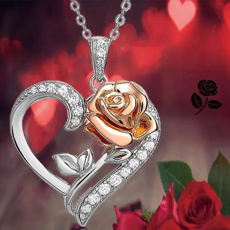 Exquisite Fashion Heart Rose Zircon Necklace Couple Heart Pendant Engagement Nec