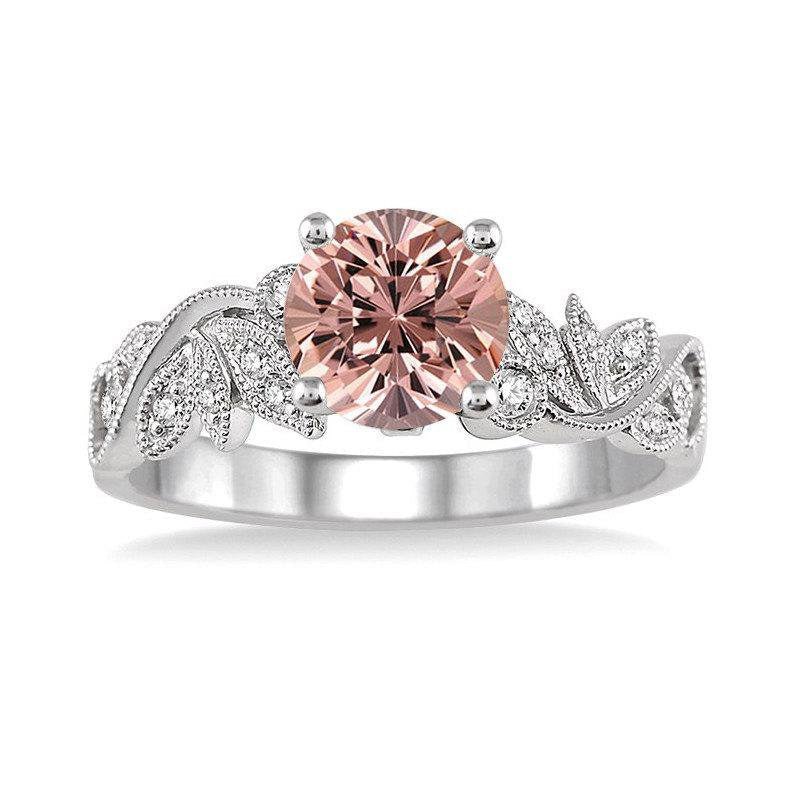 Limited Time Sale 1.25 Carat round Cut Morganite and Diamond Flower Leaf Shape E
