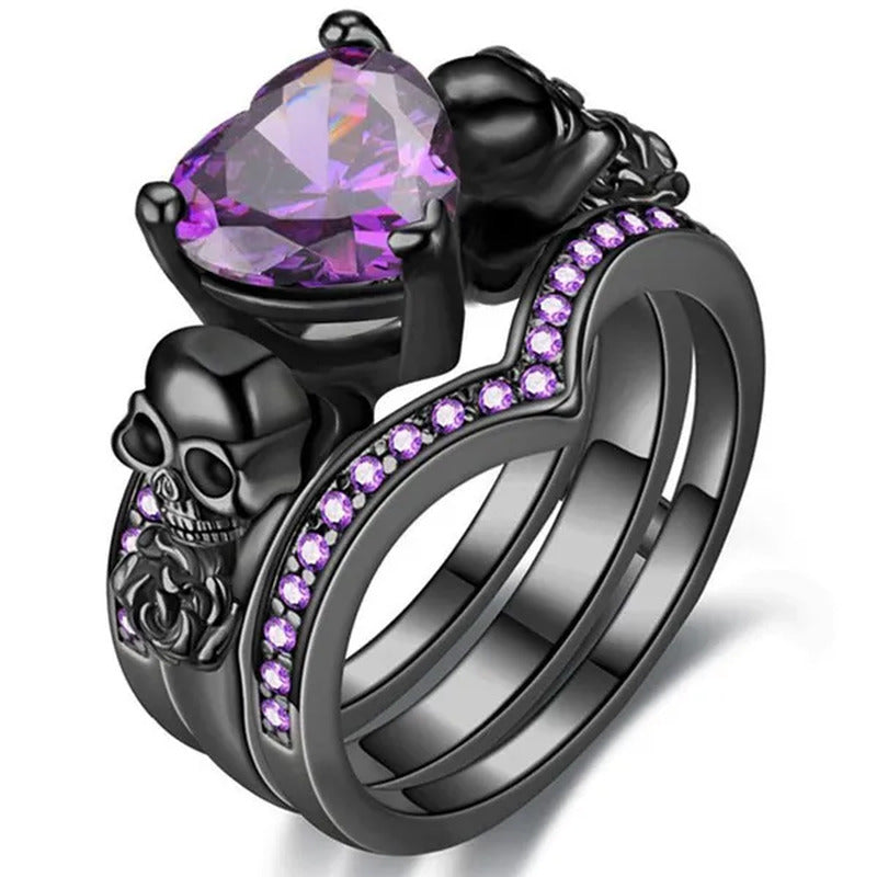 Gothic Skull Finger Black Female Wedding Rings Set for Women Girl Red Heart Crys
