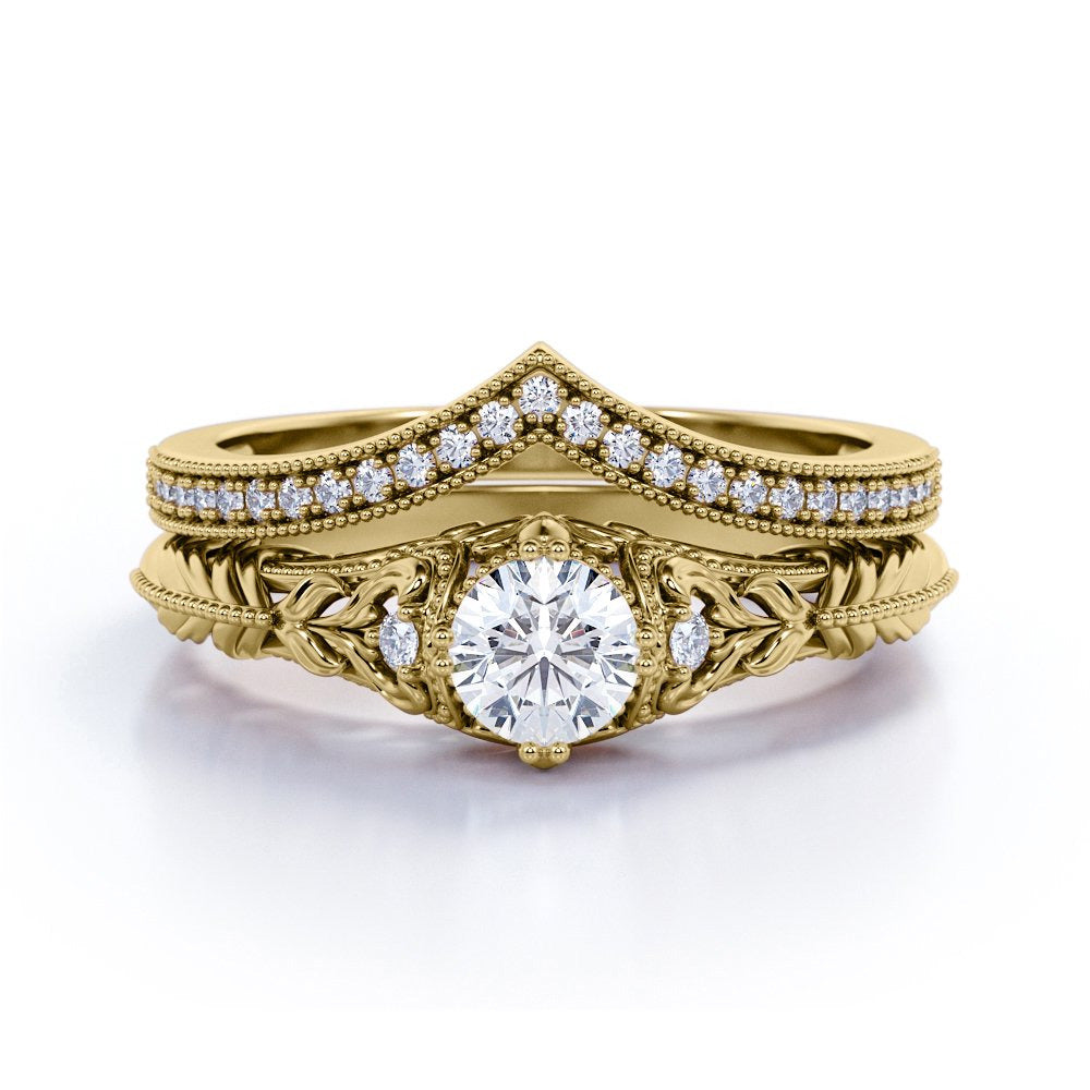 Engraved .68 Carat round Cut Real Diamond Victorian-Inspired Wedding Ring Set wi