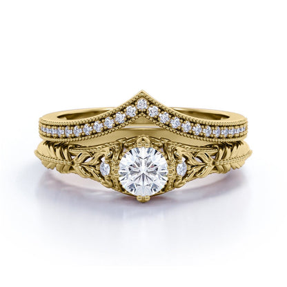 Engraved .68 Carat round Cut Real Diamond Victorian-Inspired Wedding Ring Set wi