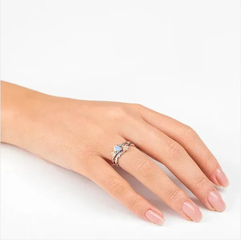 Delicate Women'S Fashion Two Tone Twig and Rose Gold Flowers Moonstone Ring Set