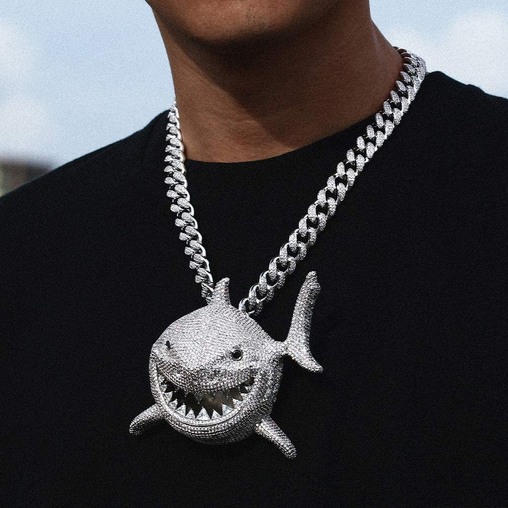 Hip Hop Jewelry 18K Gold Plated 3D Large Shark Pendant Iced Out Premium Zircon F