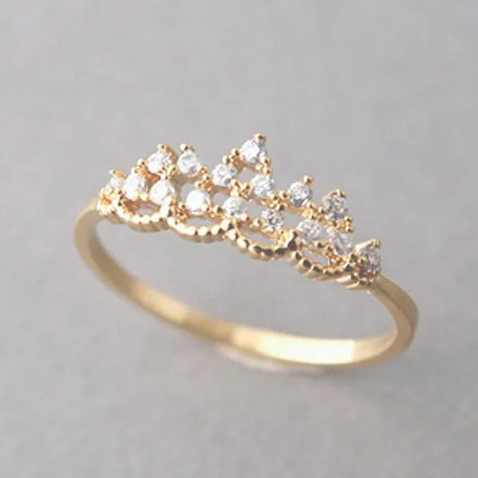 Luxury Crown Rings for Women Gold Color Shiny Crystal Cubic Zirconia Ring Elegan