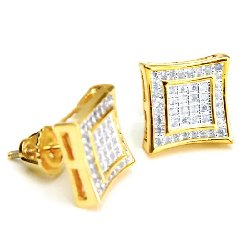 Hip Hop Iced Micro Pave LAB DIAMOND CZ Setting Earring Men'S 14K Gold Plated Squ