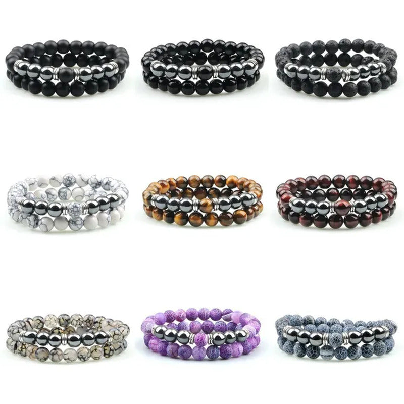 2Pcs/Set Fashion Red Tiger Eye Men Bracelet Beaded Classic Elastic Hematite Budd