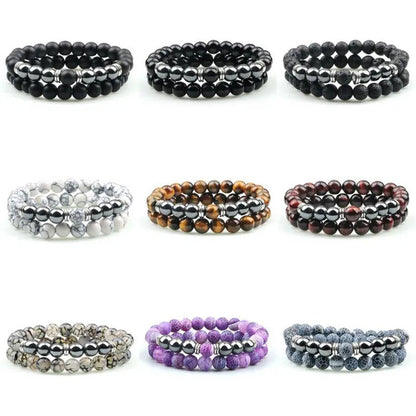 2Pcs/Set Fashion Red Tiger Eye Men Bracelet Beaded Classic Elastic Hematite Budd