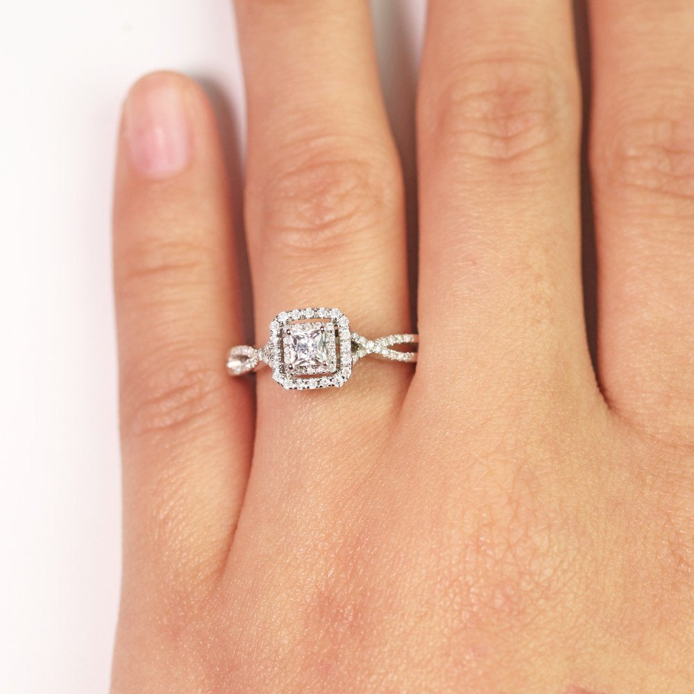 Elegant 1 Carat - Square Cut Diamond - Twisted Band - Pave - Double Halo Engagem