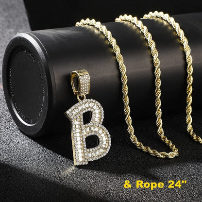 Bling Silver or Gold Baguette Initial Letter Necklaces for Men and Women Iced Ou