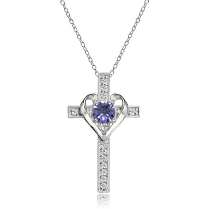 Sterling Silver Tanzanite and White Topaz Heart Cross Birthstone Pendant Necklac