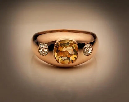 Vintage Women'S Fashion Rose Gold Natural Citrine Diamond & White Sapphire Ring