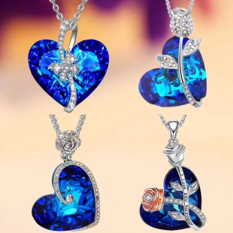Fashion Heart Blue Crystal Necklace Double Layer Rose Zircon Pendant Engagement