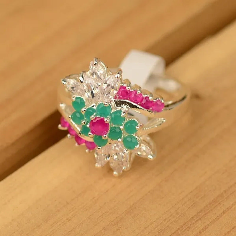 Red Ruby Green Emerald & White Topaz 925 Sterling Silver Engagement Ring Size 6-