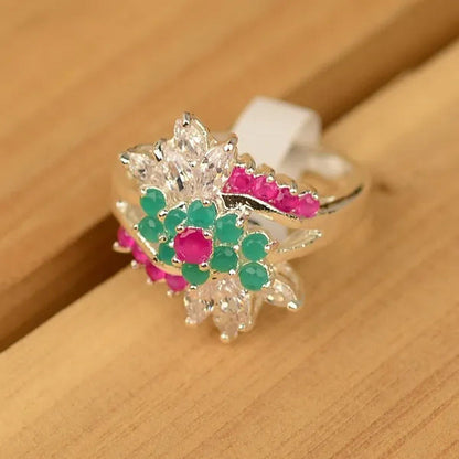 Red Ruby Green Emerald & White Topaz 925 Sterling Silver Engagement Ring Size 6-