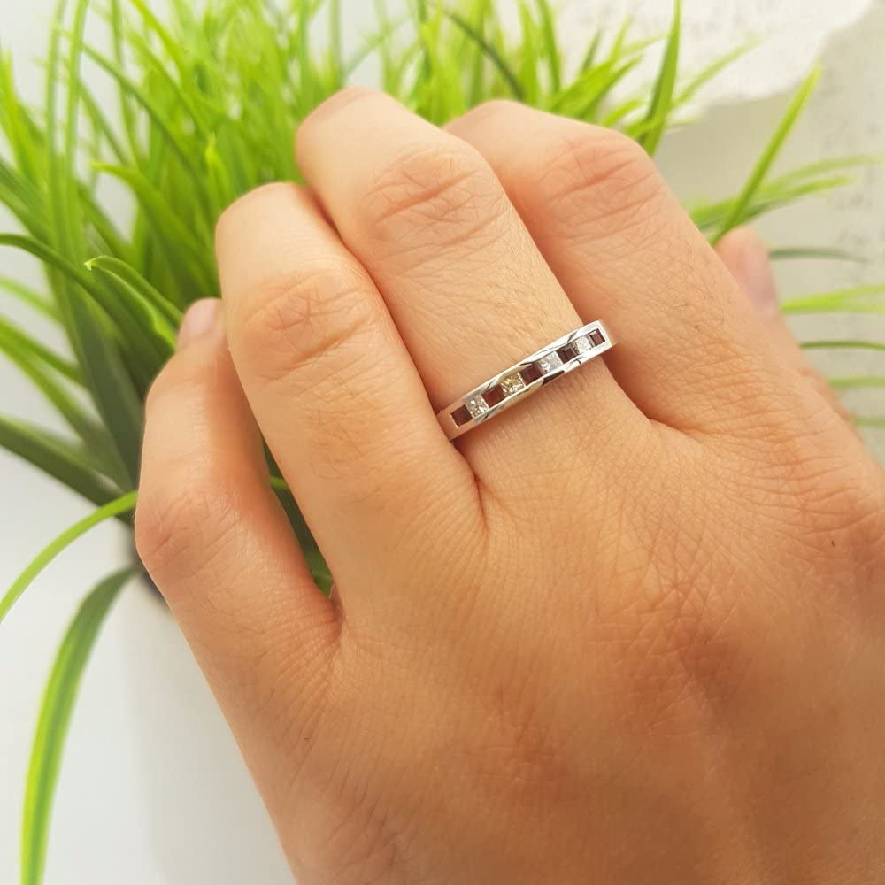 10K Gold Princess Cut Garnet & White Diamond Ladies Anniversary Wedding Band Sta