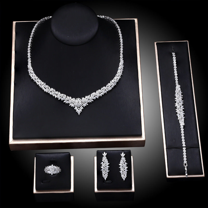 Popular Bridal Copper Zircon Necklace and Earrings Set of 4