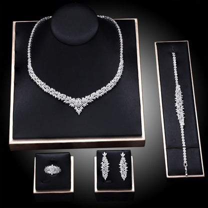 Popular Bridal Copper Zircon Necklace and Earrings Set of 4
