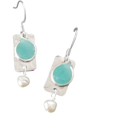 Handmade Lightweight Sapphire Blue and White Pearl Rectangle Drop Womens Earring