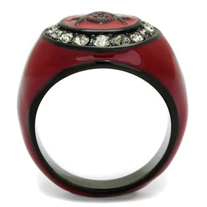 Stainless Steel Red & Black Ion Plated Crystal Masonic Freemason Ring Size 8-13