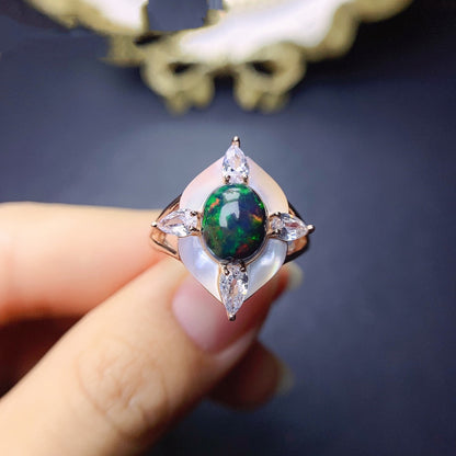 Fashionable Inlaid Natural Black Opal Ring