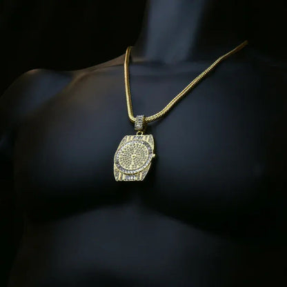 14K Gold PT Watch Fully Diamond Lad Cut Pendant Hip Hop Style 4Mm 24" Franco Cha
