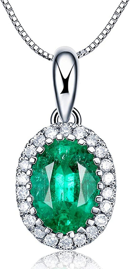 14K Solid White Gold 0.46Ct Natural Green Emerald Necklace, Small Halo May Birth